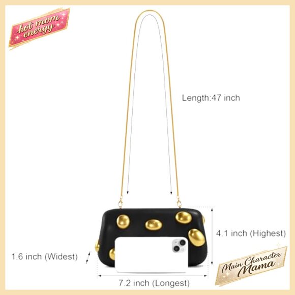 Elegant PU Leather Clutch with Gold Studs, Chain Strap, Slim Evening Bag - Picture 6 of 7